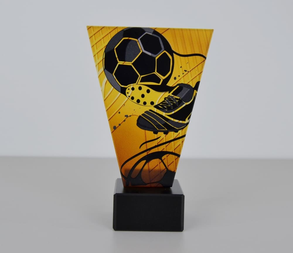 Skleněná fotbalová trofej 15 cm - míč a kopačka
